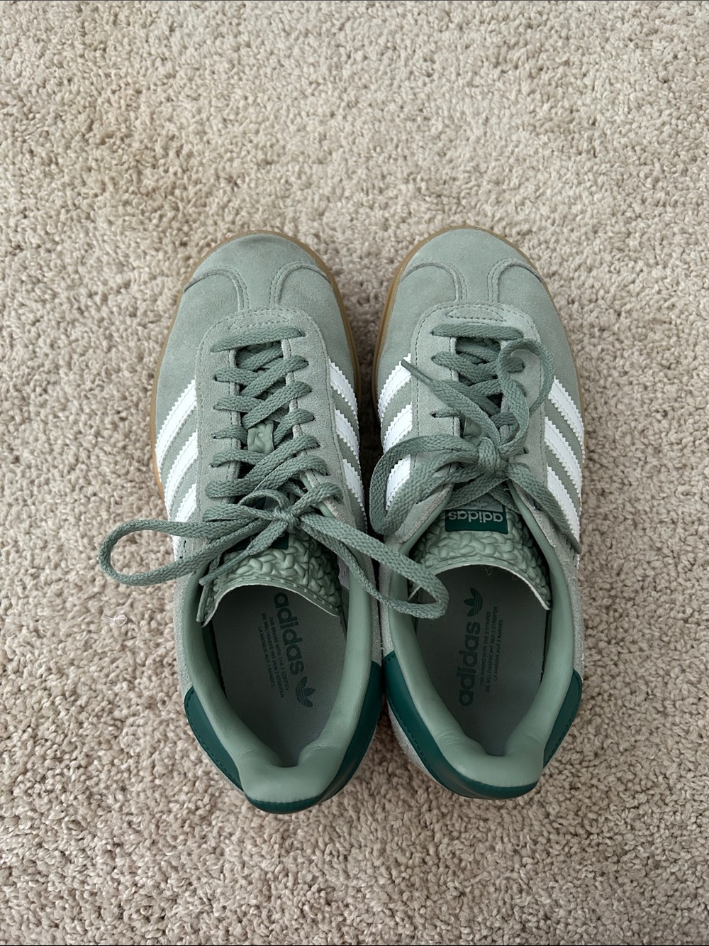adidas Sage Green Suede Sneakers with White Stripes
